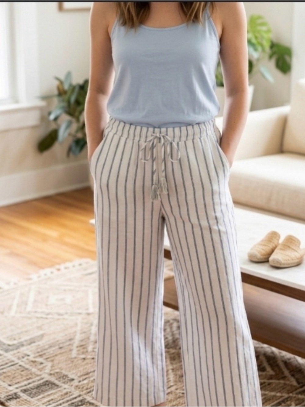 Ellen Tracy High Rise Linen Blend Wide Leg Pant Drawstring Tassel‎ Pockets L